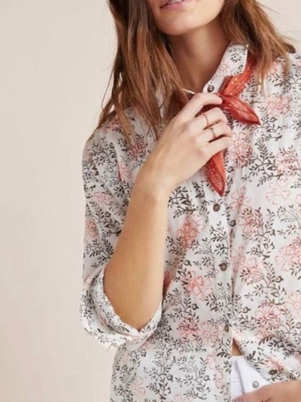 Floral Button-Front Women’s Top in Soft Pink and Cream
